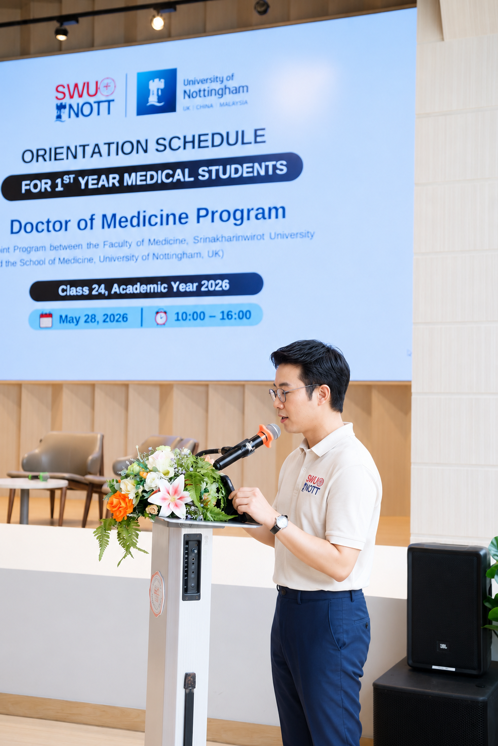 MC at SWU-Nott Class 24 Orientation, Central Library, Srinakharinwirot University, Bangkok (May 2026)