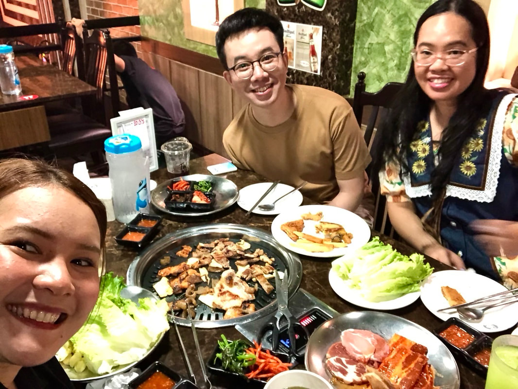With Yong and Nicha, high-school best friends, at the Korean Restaurant in Korean Town Suhumwit, Bangkok (March 2024)